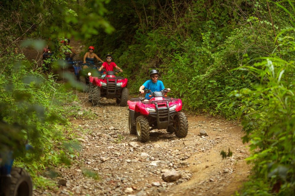 riding red ATV’s in the woods