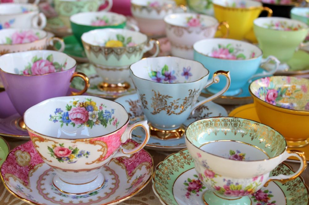 brightly colored ornate teacups